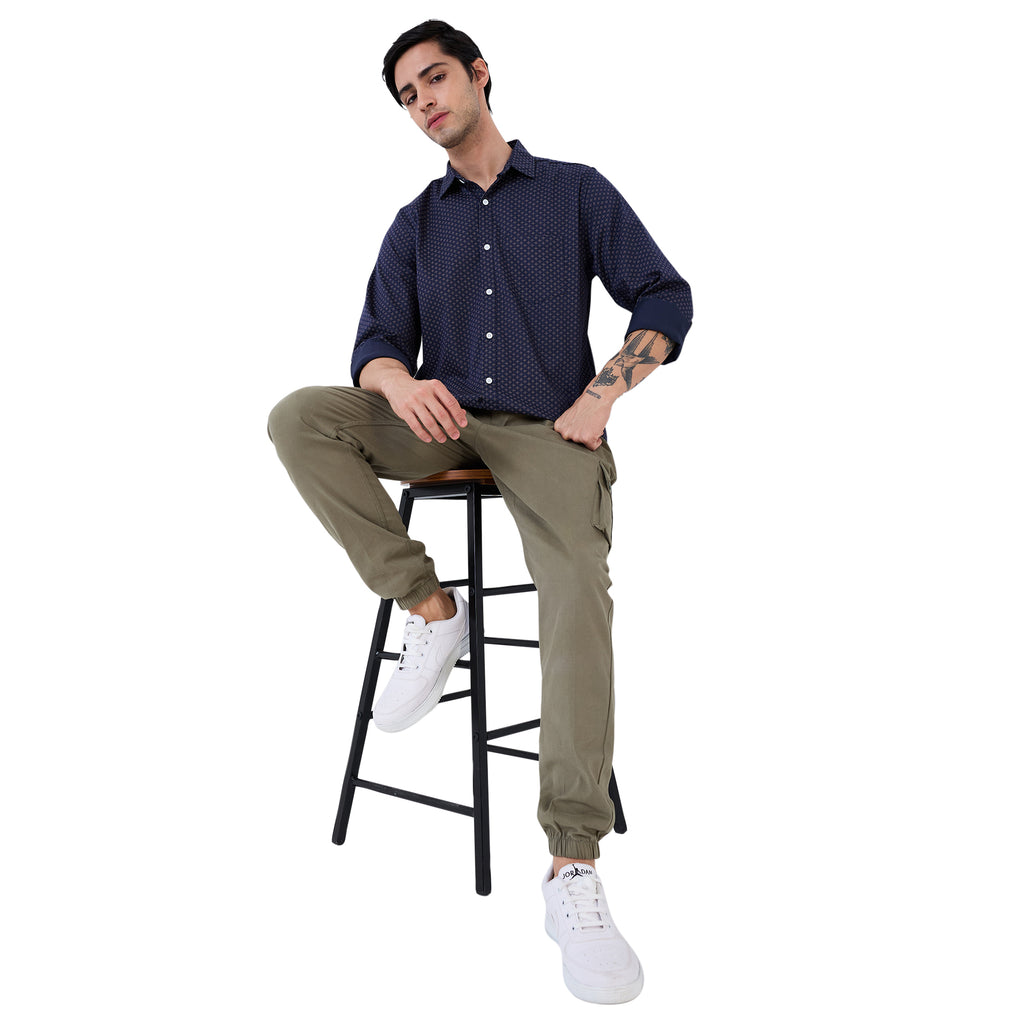 nick&jess Mens Casual Slimfit Spread Collar Stretch Spandex Printed Cotton Shirt Navy Blue