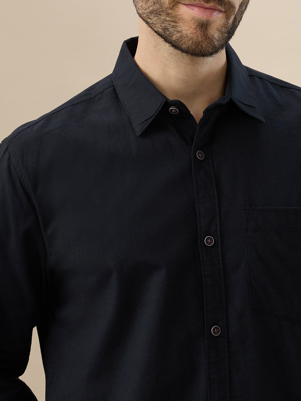 nick&jess 100% Cotton Mens Linen Blend Solid Color Black Slim Fit Long Sleeves Shirt