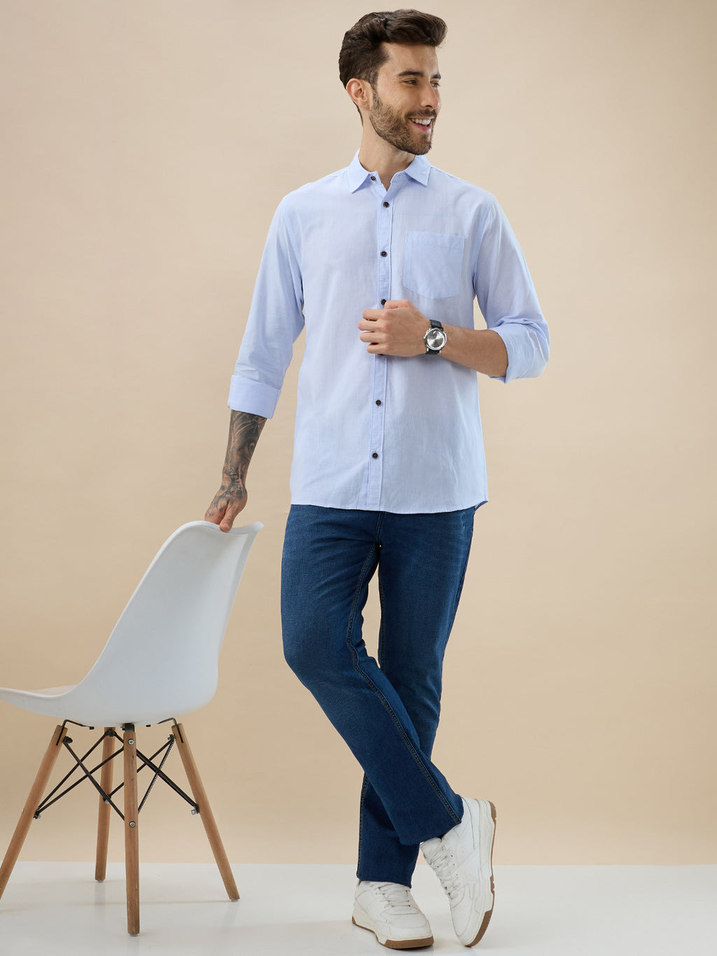 nick&jess 100% Cotton Mens Linen Blend Solid Sky Blue Color Slim Fit Long Sleeves Shirt