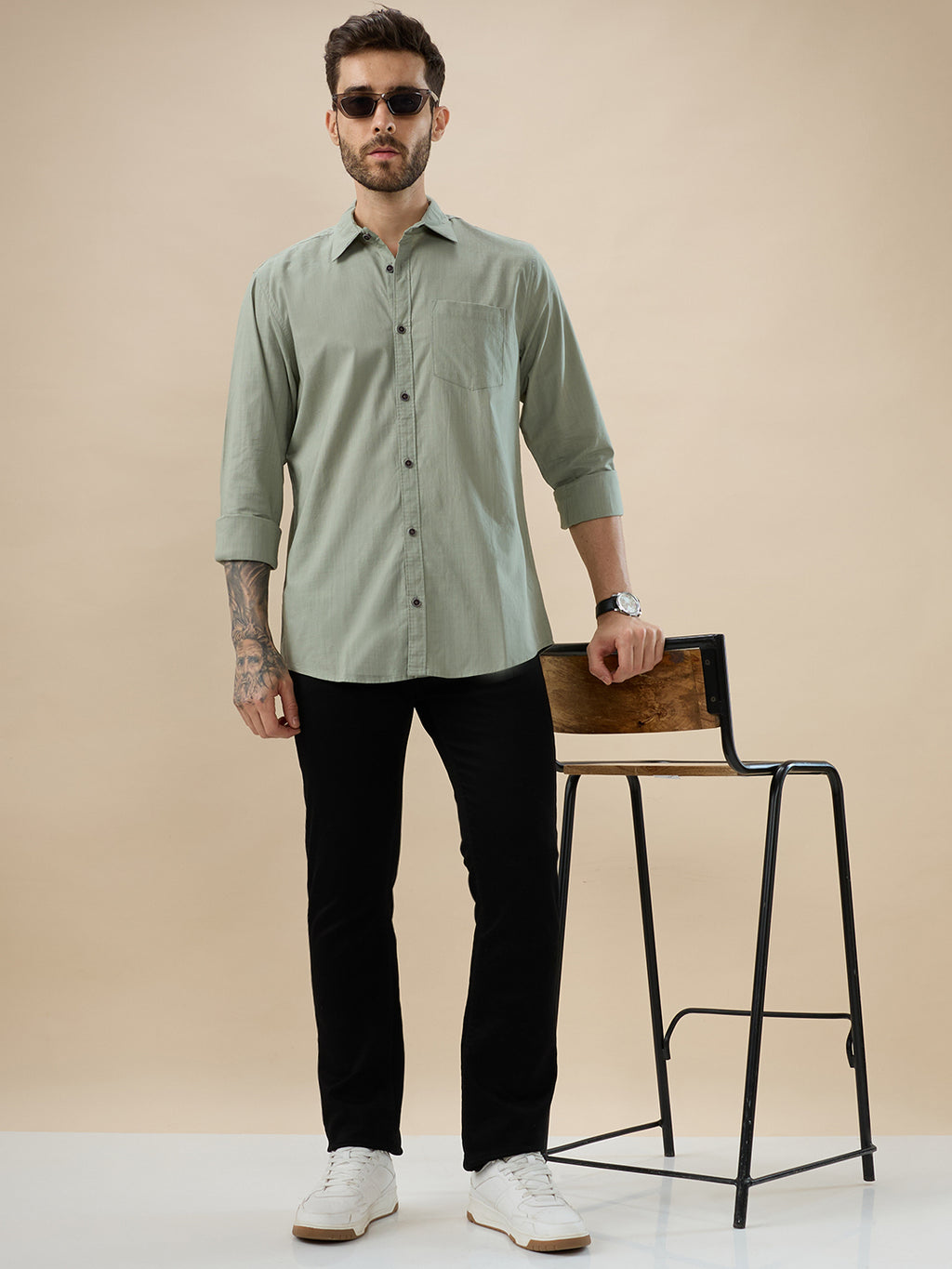 nick&jess 100% Cotton Mens Linen Blend Solid Color Green Slim Fit  Long Sleeves Shirt