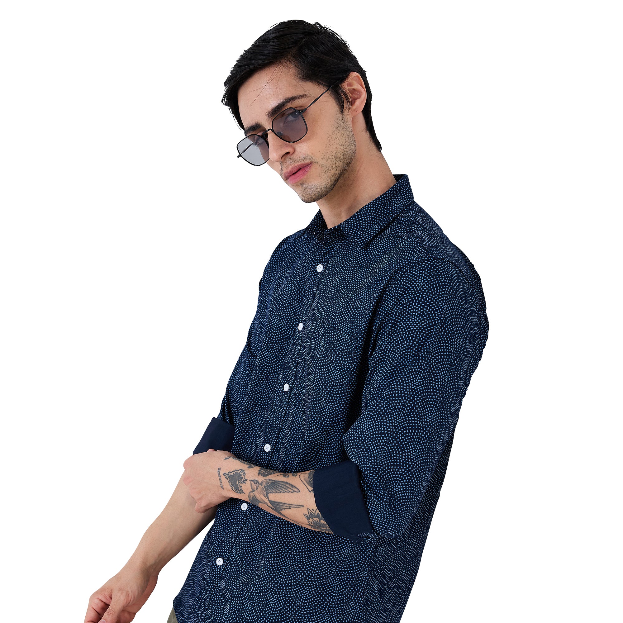 nick&jess Mens Casual Slimfit Spread Collar Stretch Spandex Printed Cotton long sleeve Shirt