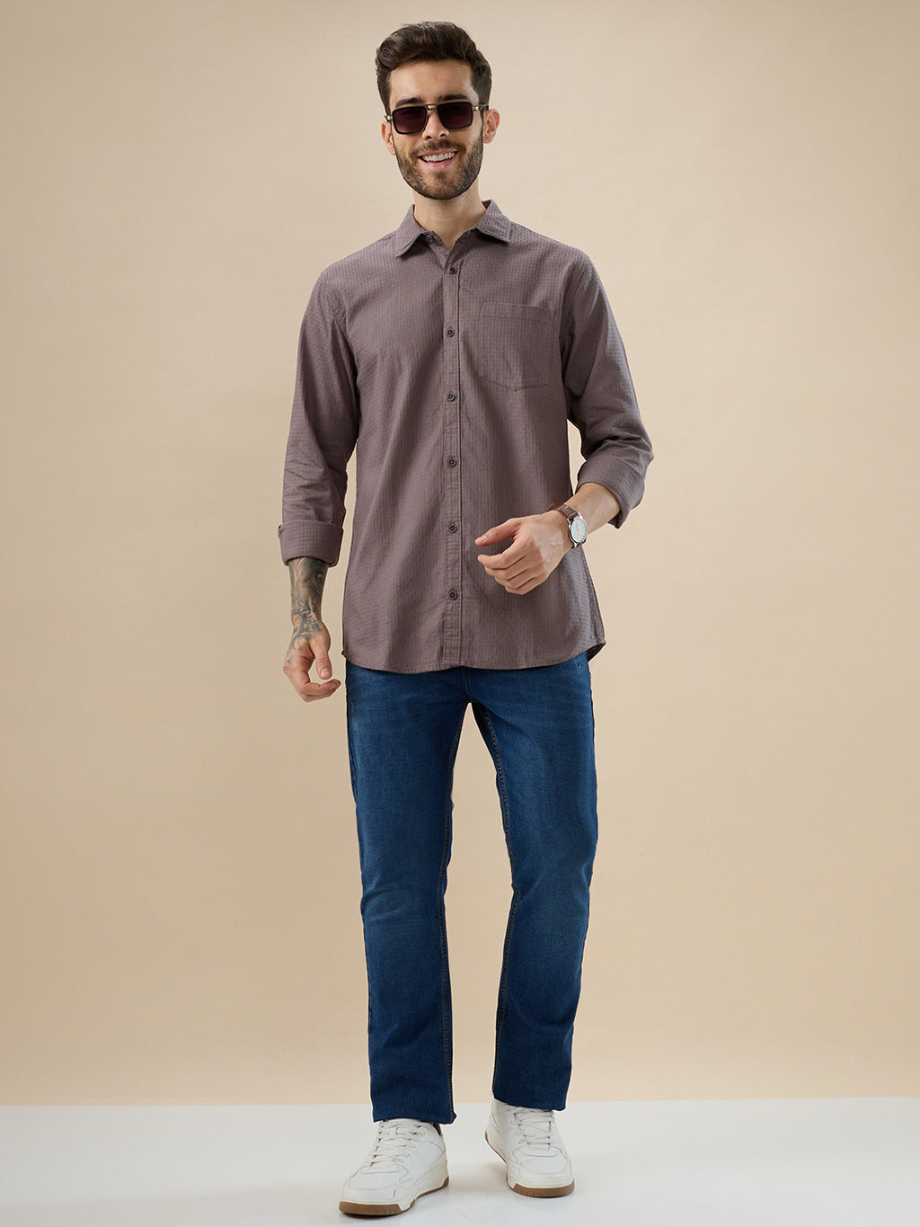 Nick&Jess 100% Cotton Mens Medium Coffee Solid Color Slim Fit Long Sleevess Shirts