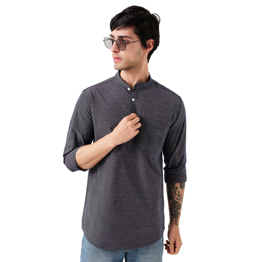 nick&jess Mens Henley Slim Fit 100% Cotton Indigo Stripe Denim Kurta Shirt