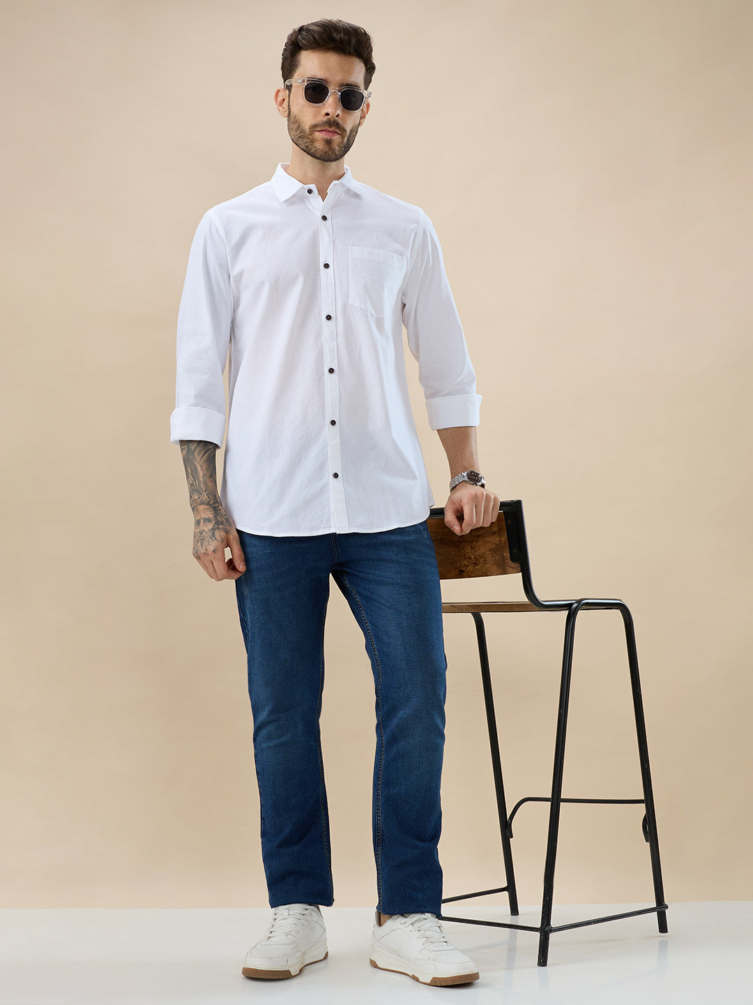 nick&jess 100% Cotton Mens Linen Blend Solid Color White Slim Fit Long Sleeves Shirt