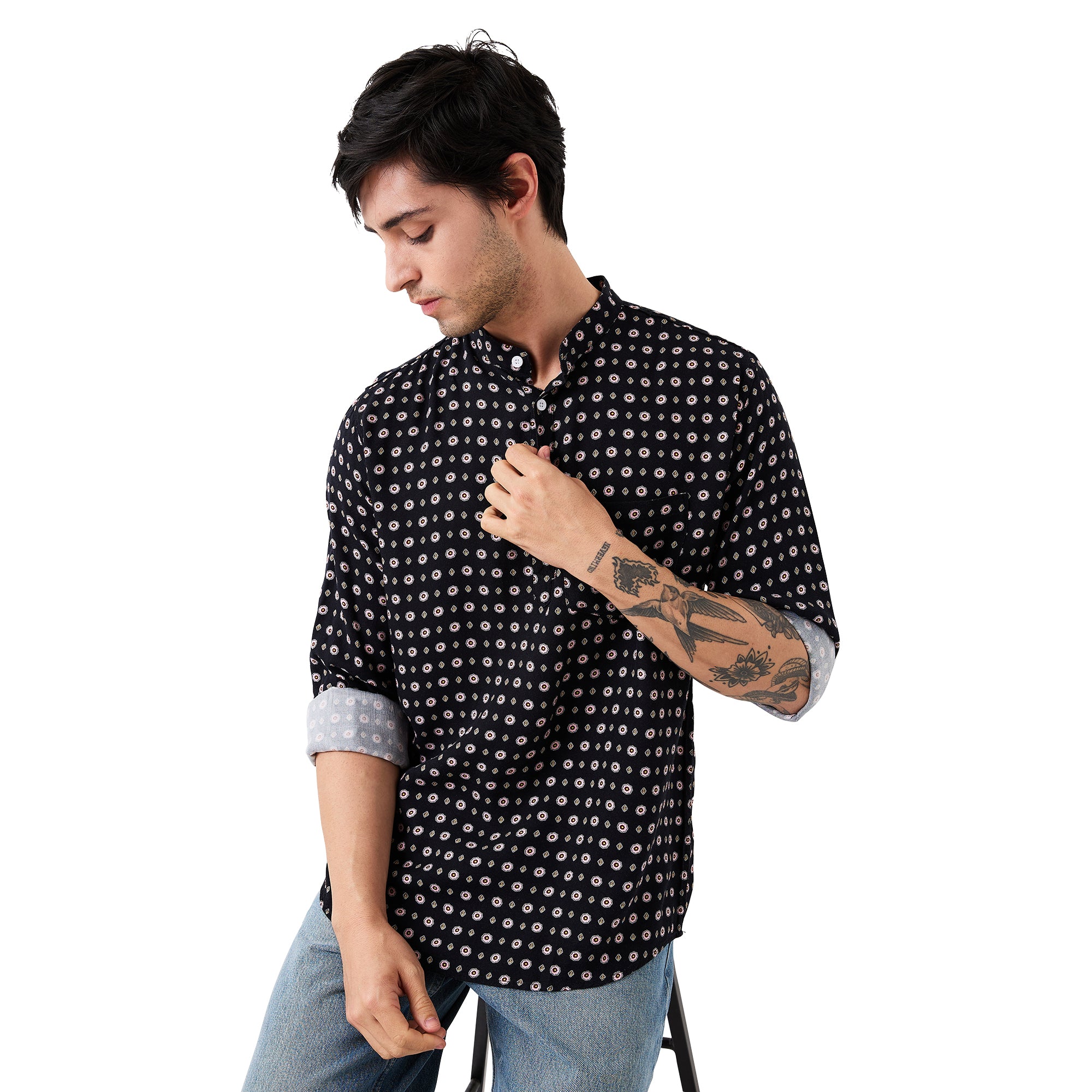 nick&jess Mens Henley Slim Fit 100% Rayon Twill Printed Short Kurta Shirt