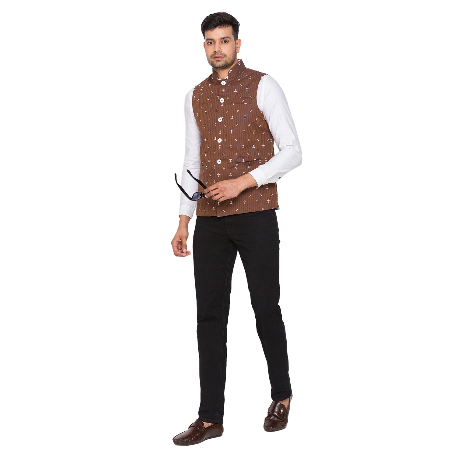 Nick&Jess Mens Slim Fit Printed Nehru Jacket (Indian Waist Coat) Brown