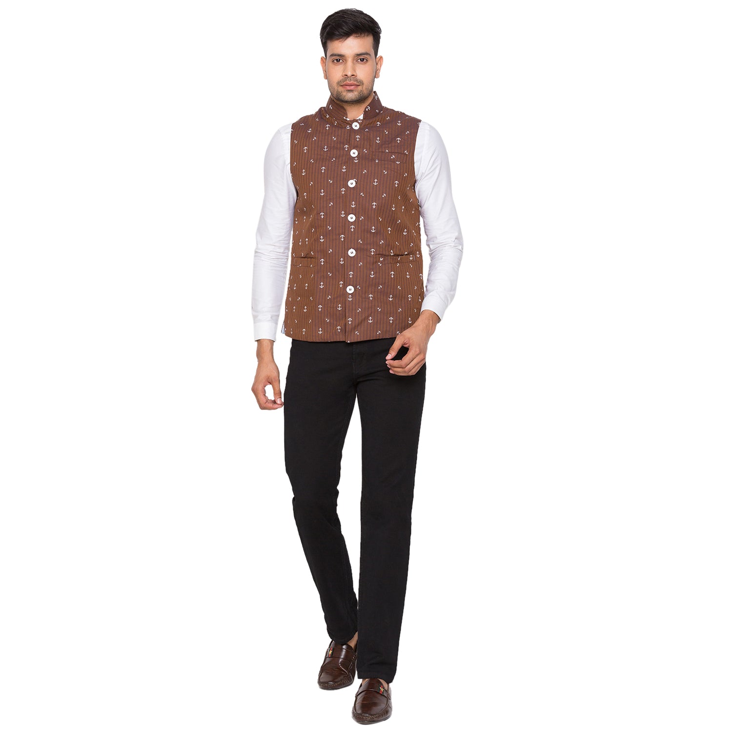 Nick&Jess Mens Slim Fit Printed Nehru Jacket (Indian Waist Coat) Brown