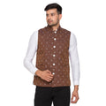 Nick&Jess Mens Slim Fit Printed Nehru Jacket (Indian Waist Coat) Brown