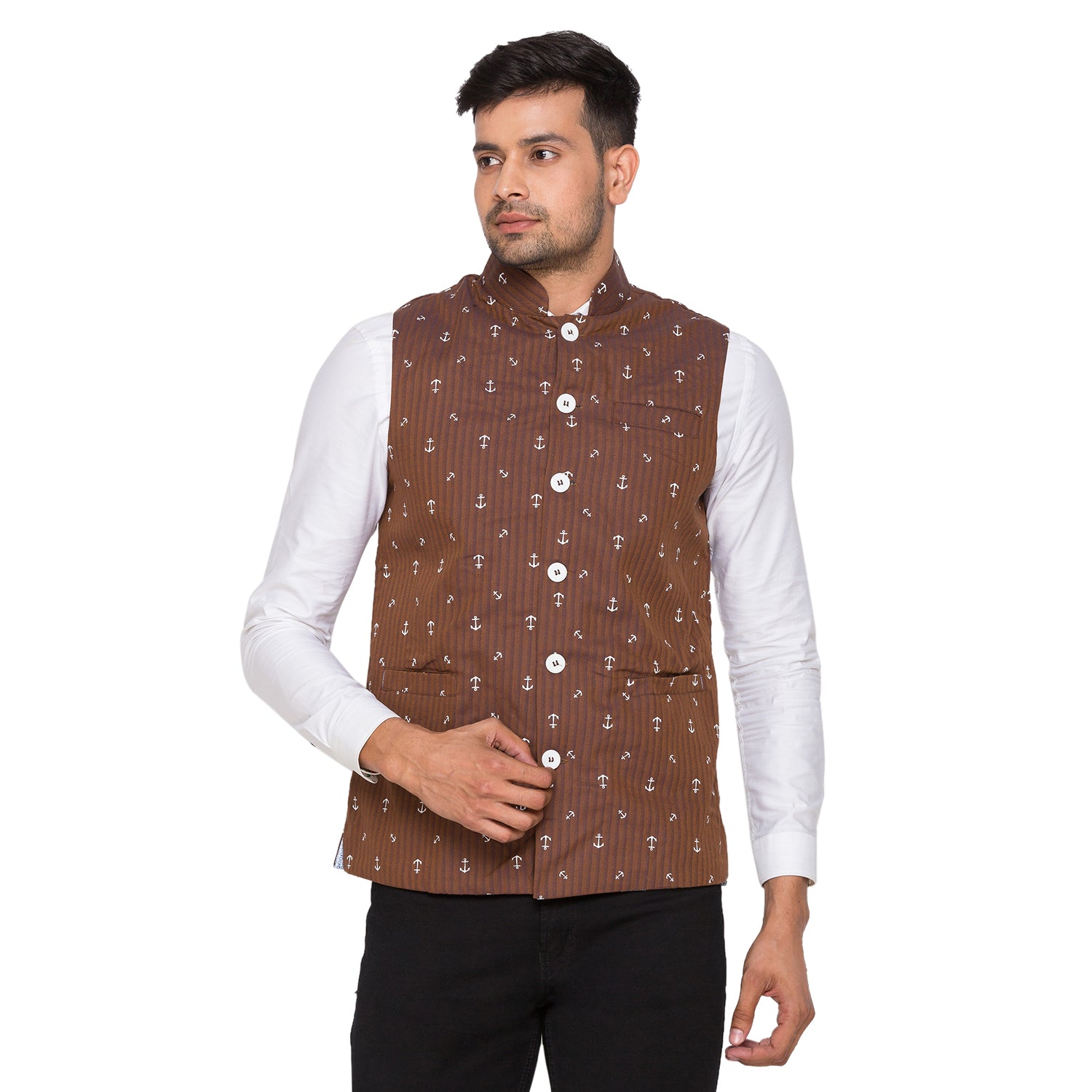 Nick&Jess Mens Slim Fit Printed Nehru Jacket (Indian Waist Coat) Brown