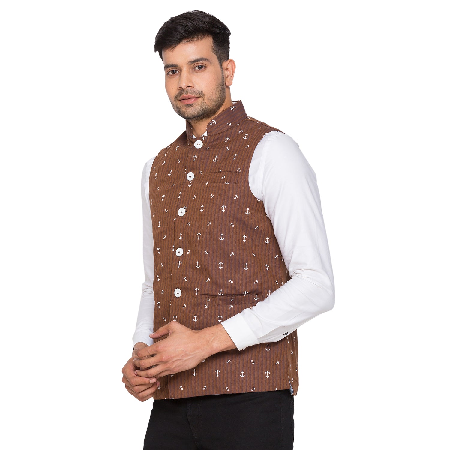 Nick&Jess Mens Slim Fit Printed Nehru Jacket (Indian Waist Coat) Brown