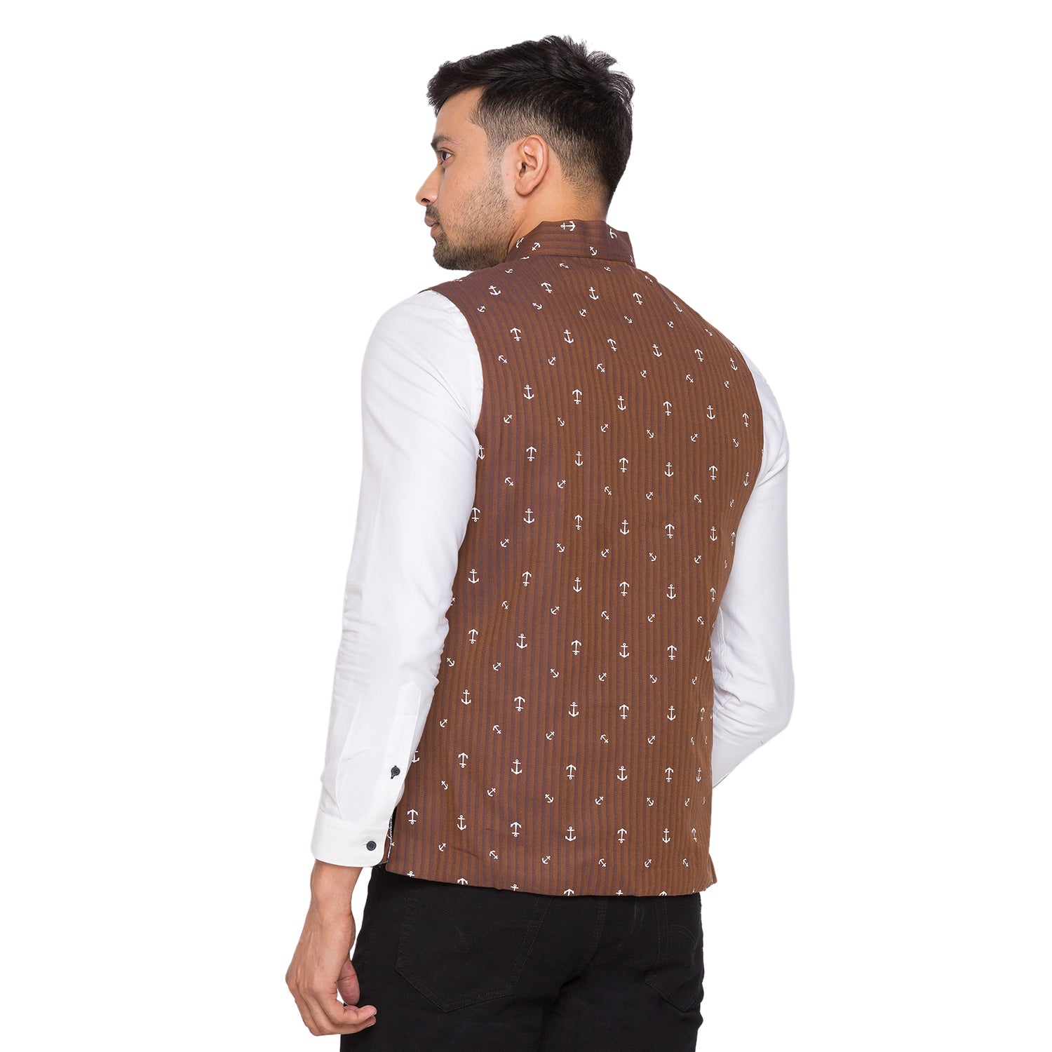 Nick&Jess Mens Slim Fit Printed Nehru Jacket (Indian Waist Coat) Brown