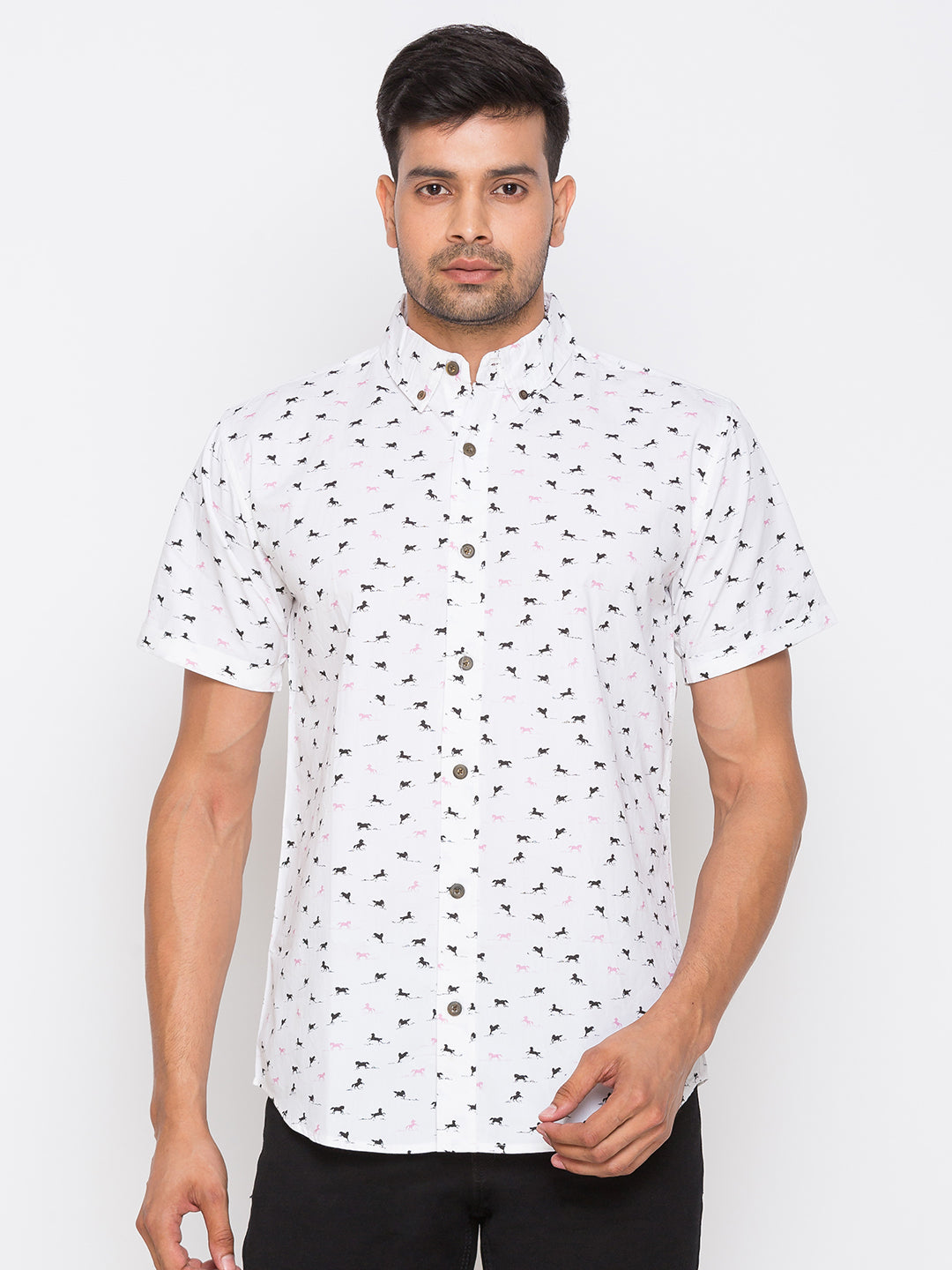 Nick&Jess Mens 100% Cotton Slim Fit Half Sleeves Printed  Shirt