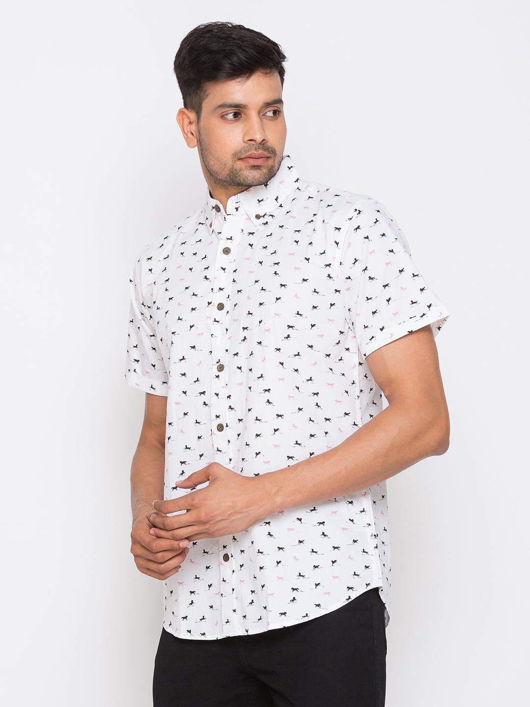 Nick&Jess Mens 100% Cotton Slim Fit Half Sleeves Printed  Shirt