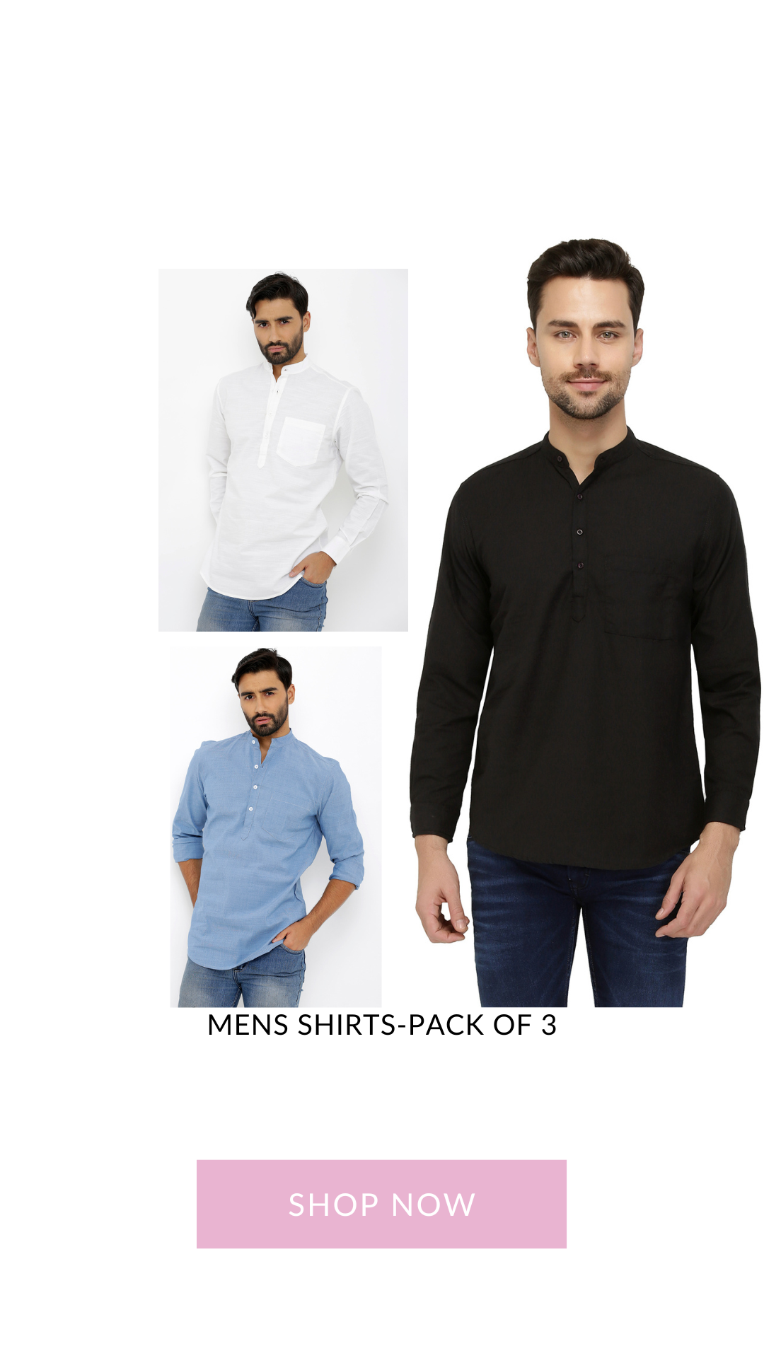 nick&jess Mens long Sleeve Linen Cotton Manderian Collar. Black Short kurta Shirt ( Pack of 3)