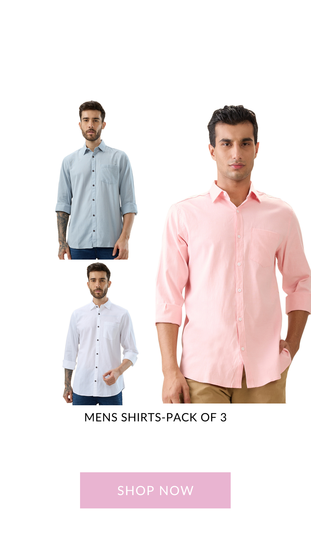 nick&jess 100% Cotton Mens Linen Blend Solid Color Slim Fit Long Sleeves Shirt( Pack OF 3)