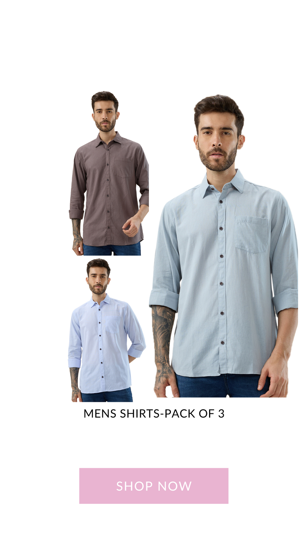 nick&jess 100% Cotton Mens Linen Blend Solid Color Slim Fit Long Sleeves Shirt( Pack OF 3)