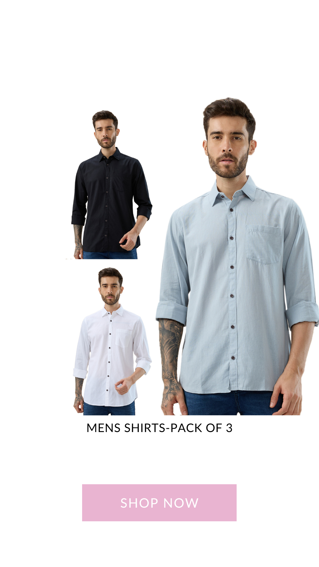 nick&jess 100% Cotton Mens Linen Blend Solid Color Slim Fit Long Sleeves Shirt( Pack OF 3)
