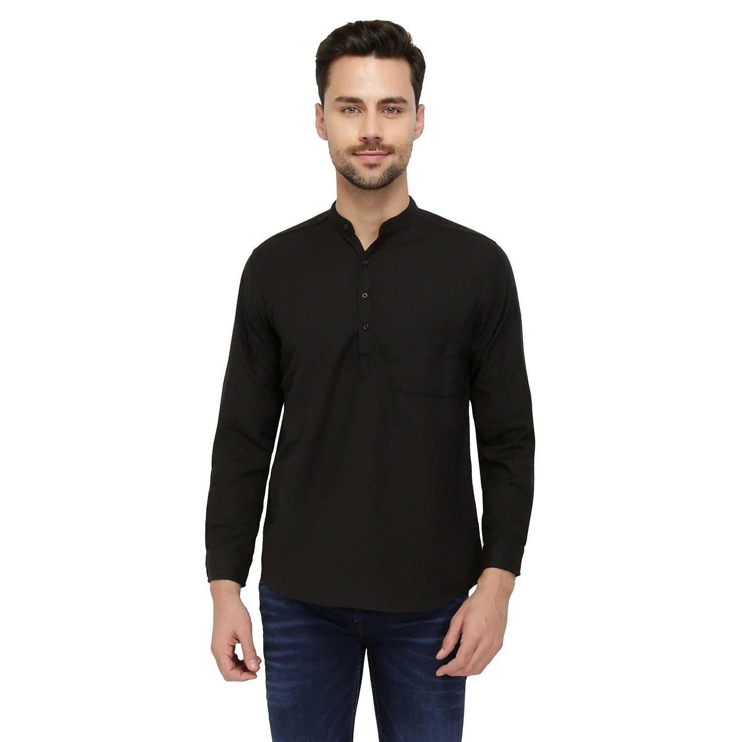 nick&jess Mens long Sleeve Linen Cotton Manderian Collar. Black Short kurta Shirt