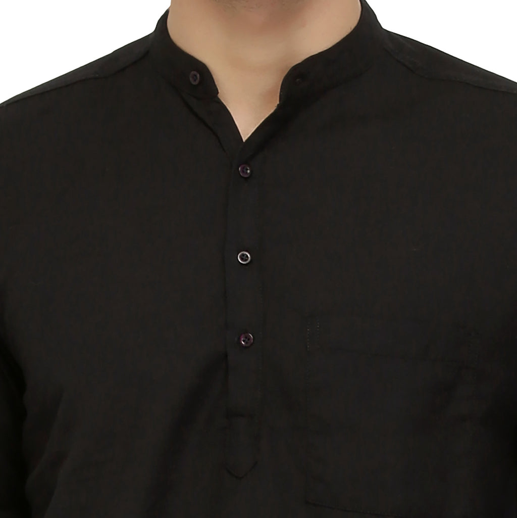 nick&jess Mens long Sleeve Linen Cotton Manderian Collar. Black Short kurta Shirt