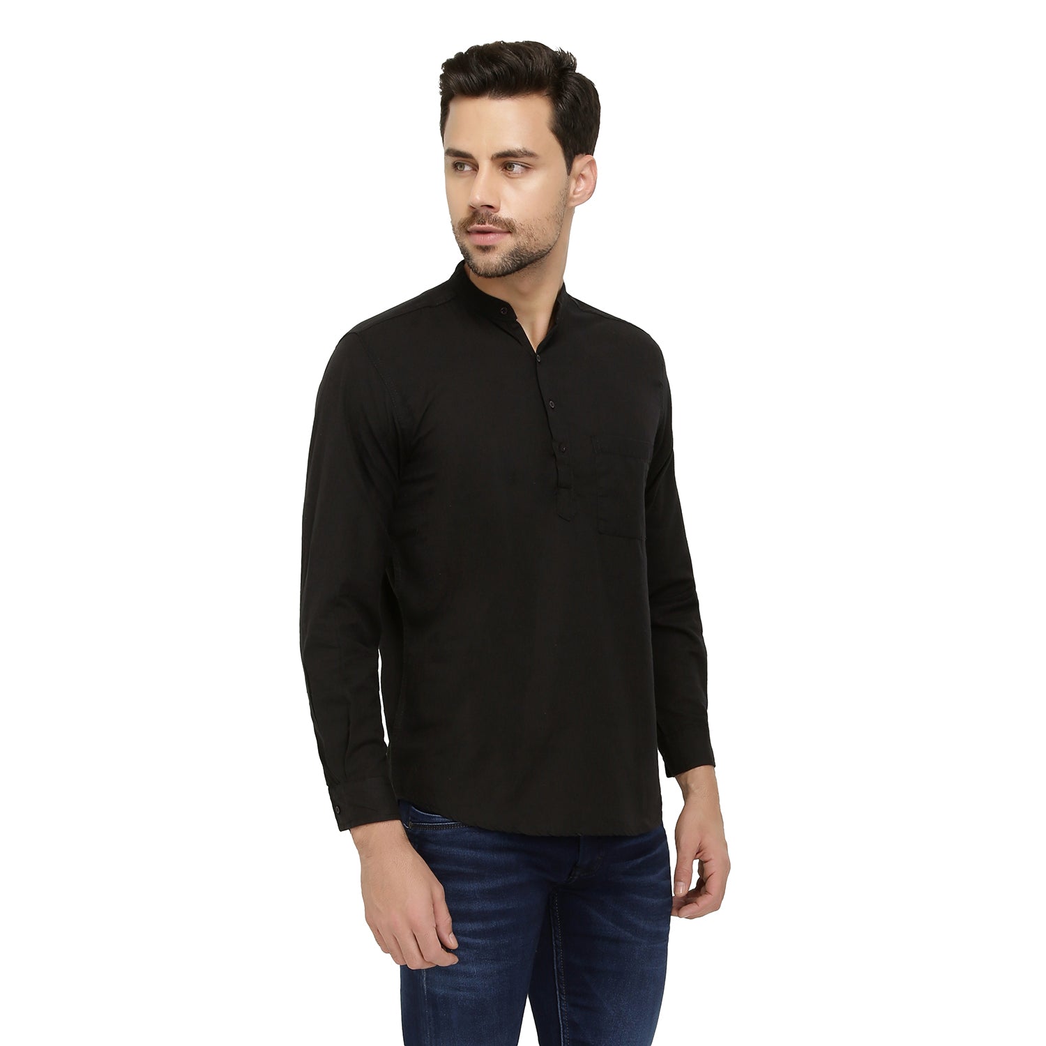 nick&jess Mens long Sleeve Linen Cotton Manderian Collar. Black Short kurta Shirt