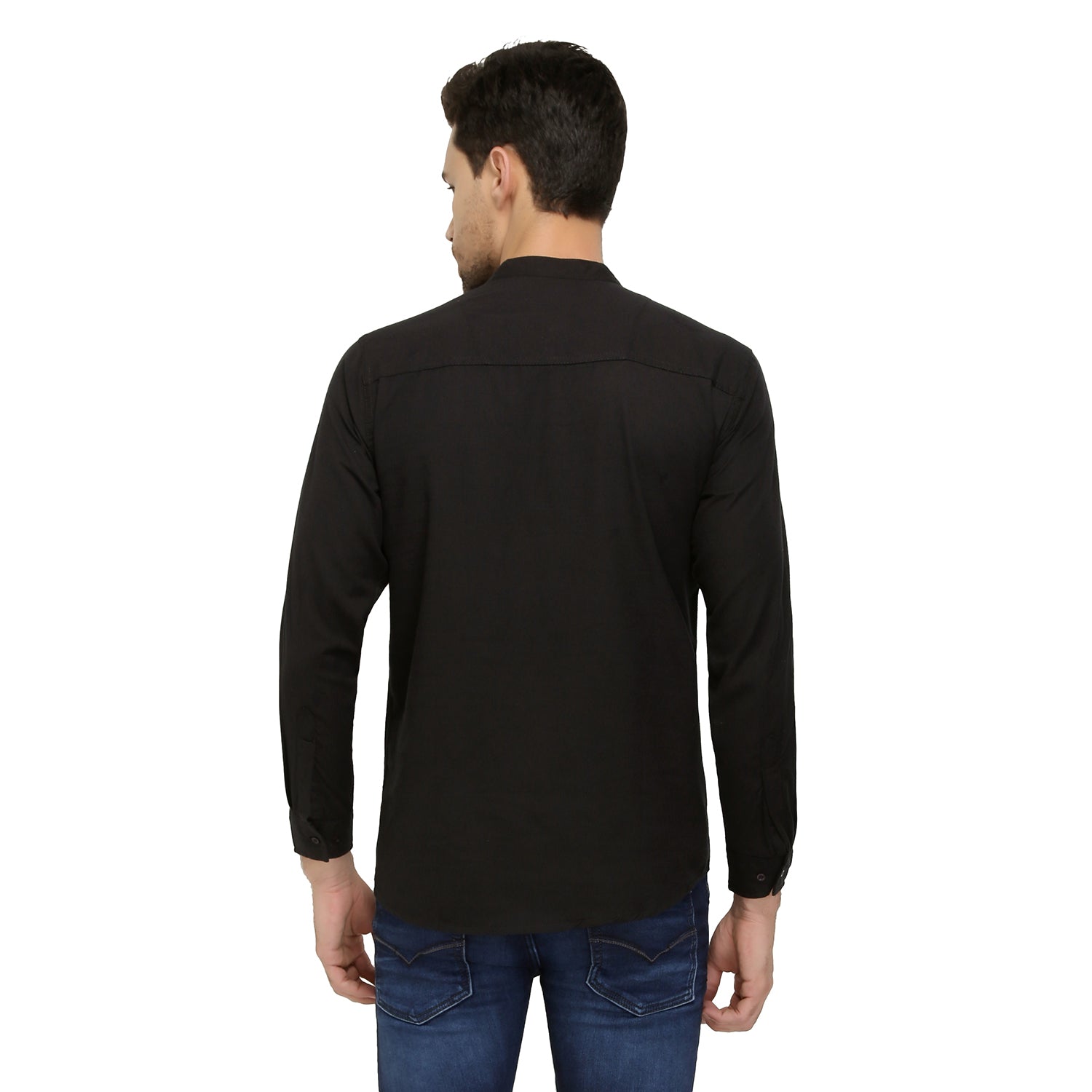 nick&jess Mens long Sleeve Linen Cotton Manderian Collar. Black Short kurta Shirt