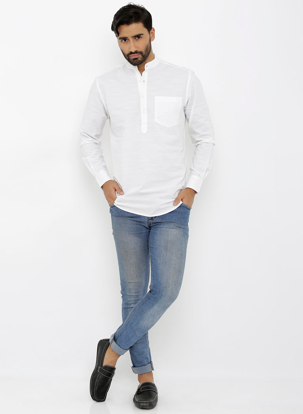 nick&jess Mens long Sleeve Linen Cotton Manderian Collar. White Short kurta Shirt