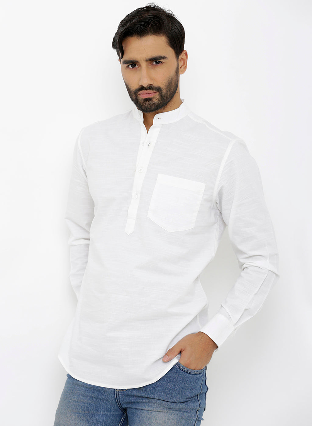 nick&jess Mens long Sleeve Linen Cotton Manderian Collar. Black Short kurta Shirt ( Pack of 3)
