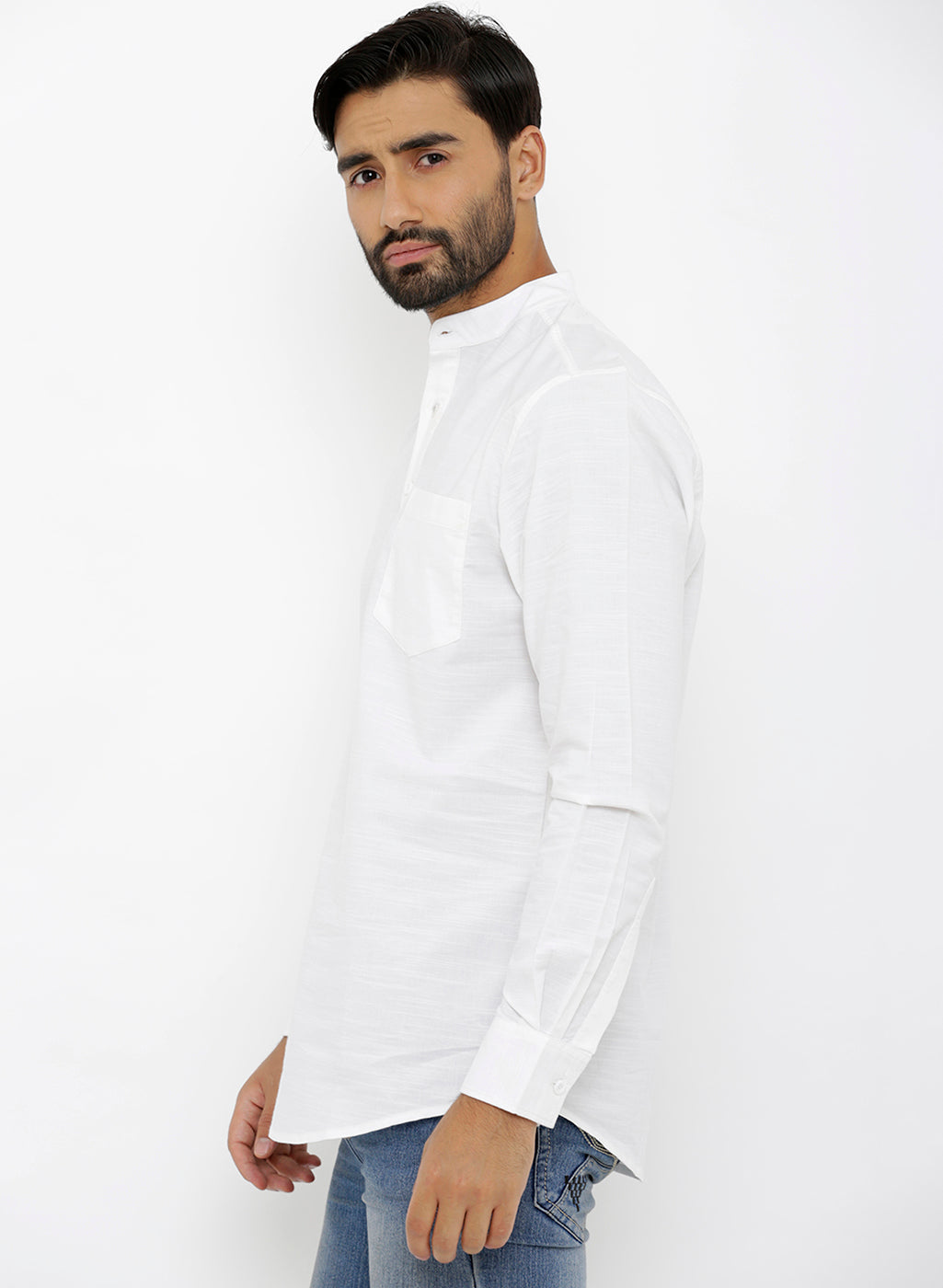 nick&jess Mens long Sleeve Linen Cotton Manderian Collar. White Short kurta Shirt