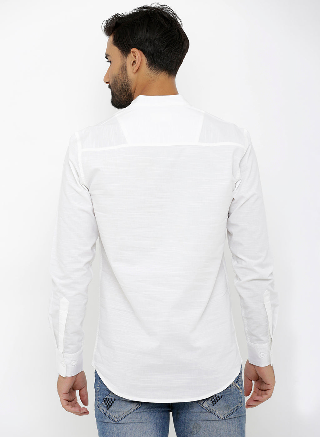 nick&jess Mens long Sleeve Linen Cotton Manderian Collar. White Short kurta Shirt