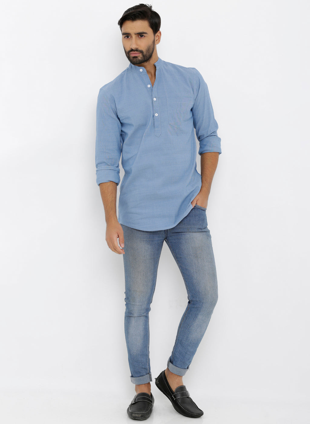 nick&jess Mens long Sleeve Linen Cotton Manderian Collar. Blue Short kurta Shirt