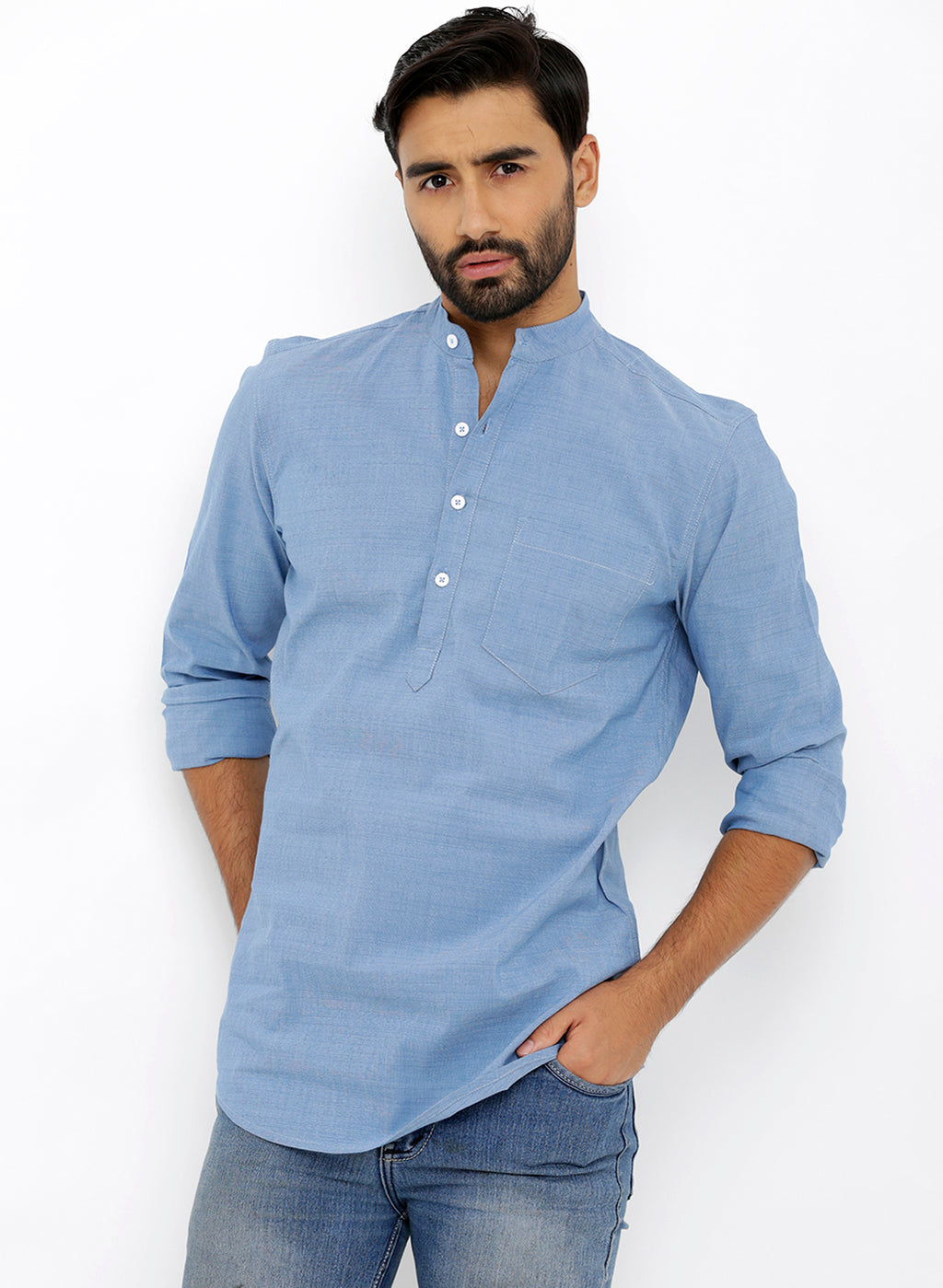 nick&jess Mens long Sleeve Linen Cotton Manderian Collar. Blue Short kurta Shirt
