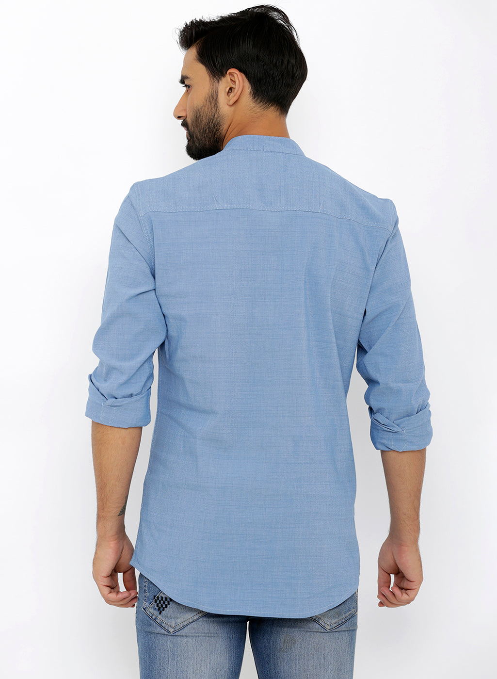 nick&jess Mens long Sleeve Linen Cotton Manderian Collar. Blue Short kurta Shirt