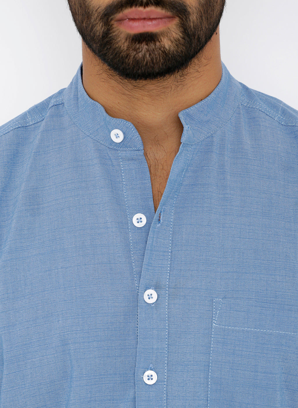nick&jess Mens long Sleeve Linen Cotton Manderian Collar. Blue Short kurta Shirt