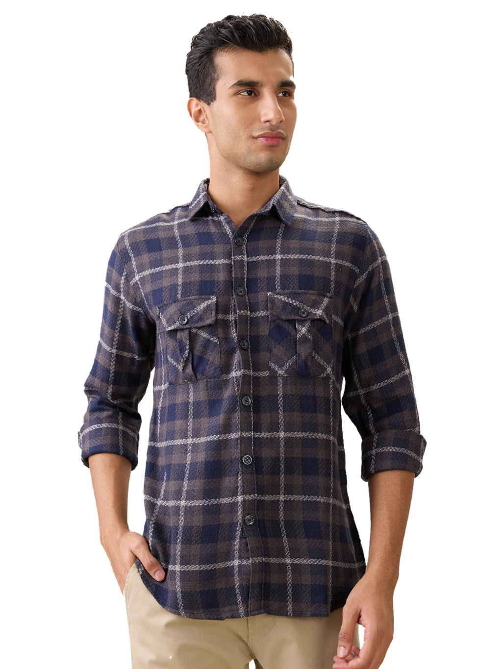 nick&jess Mens 100% Cotton Slim Fit Double Pocket Flap Checks long sleeve Shirts