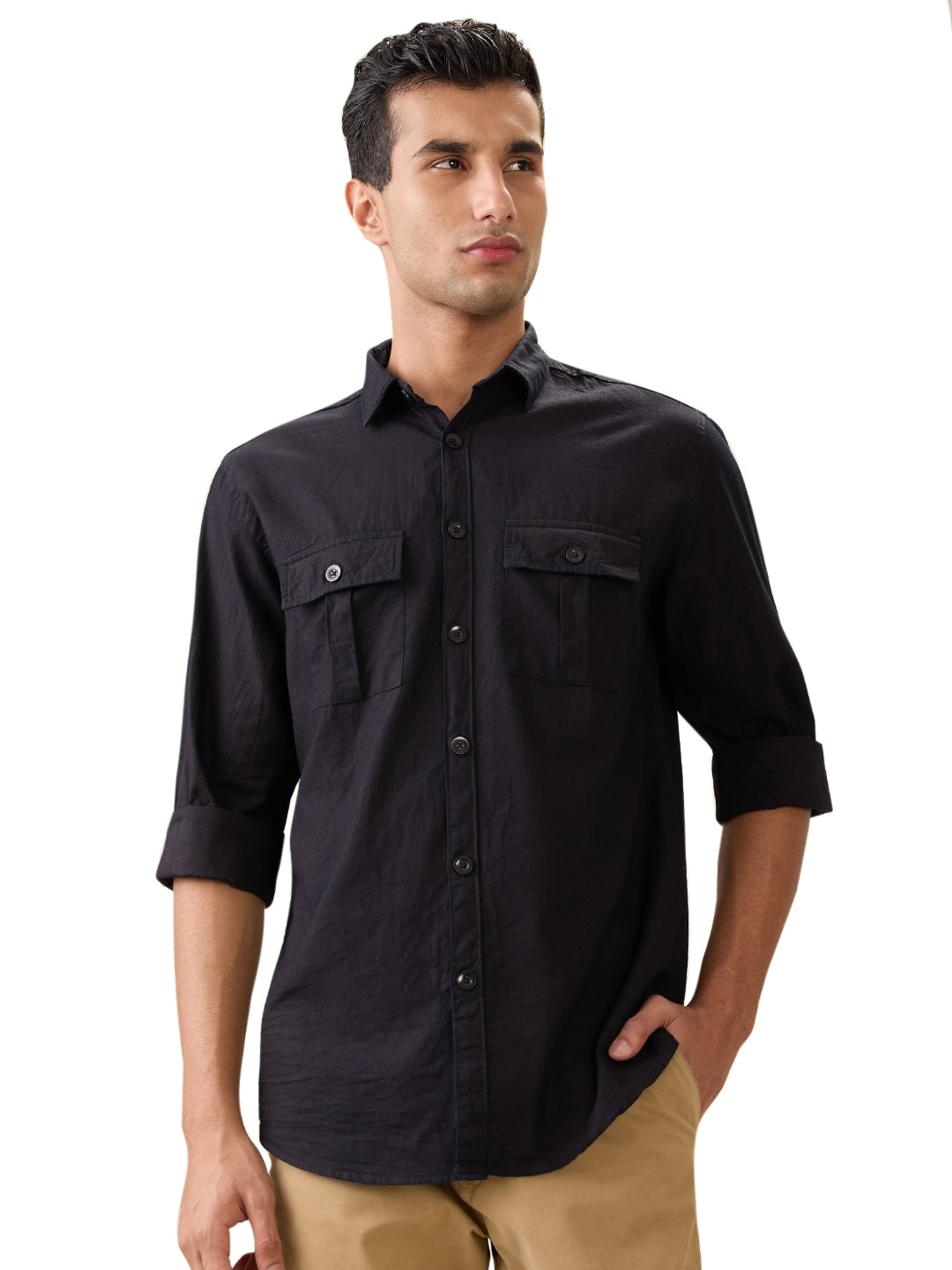 nick&jess Mens 100% Cotton Slim Fit Black Double Pocket Flap Shirts