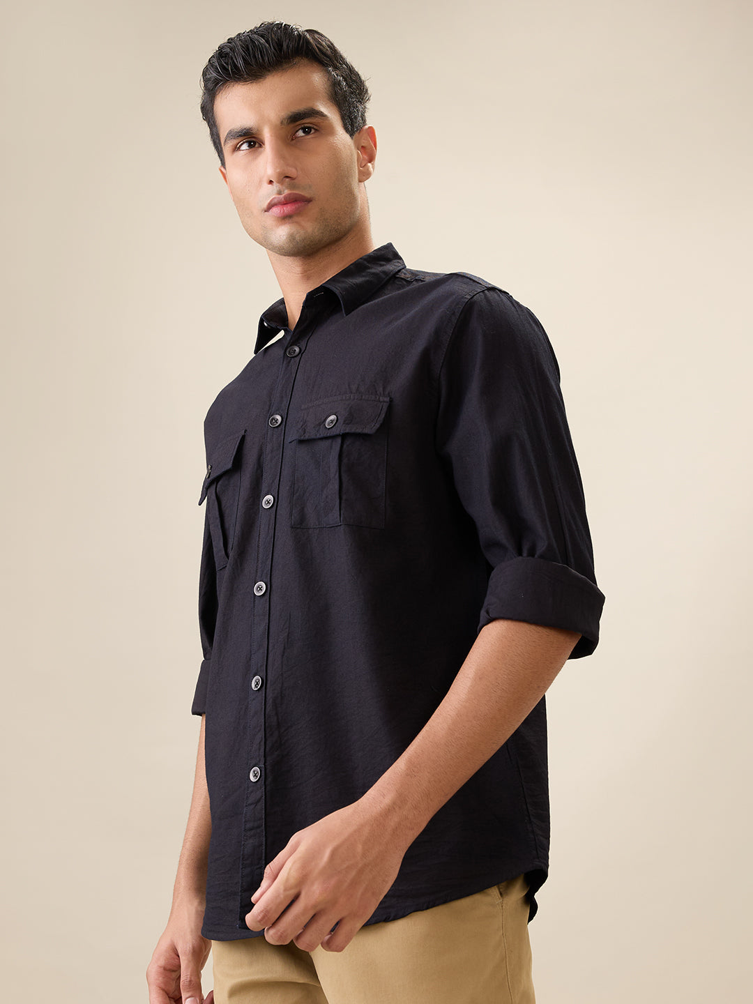 nick&jess Mens 100% Cotton Slim Fit Black Double Pocket Flap Shirts