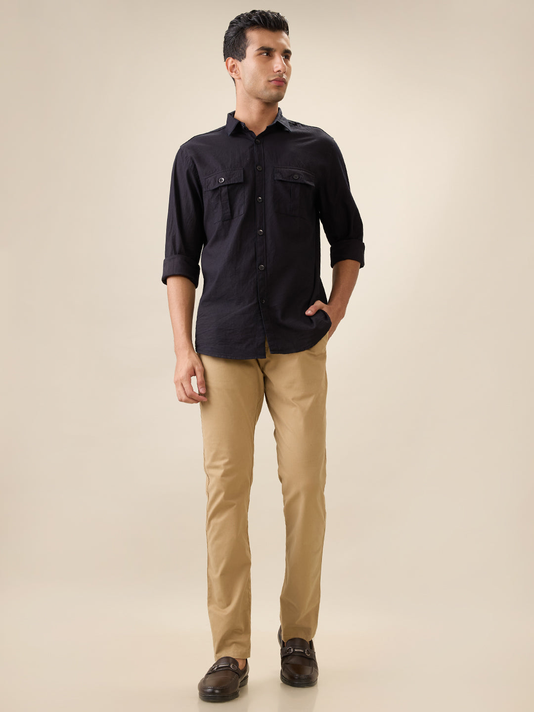 nick&jess Mens 100% Cotton Slim Fit Black Double Pocket Flap Shirts