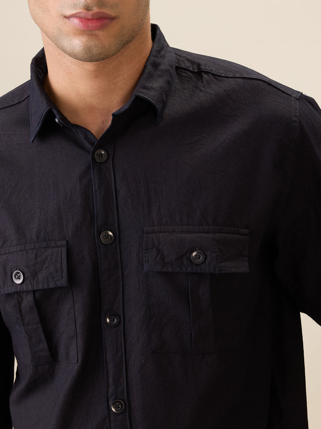 nick&jess Mens 100% Cotton Slim Fit Black Double Pocket Flap Shirts