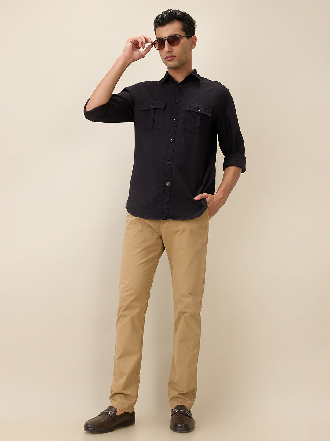 nick&jess Mens 100% Cotton Slim Fit Black Double Pocket Flap Shirts