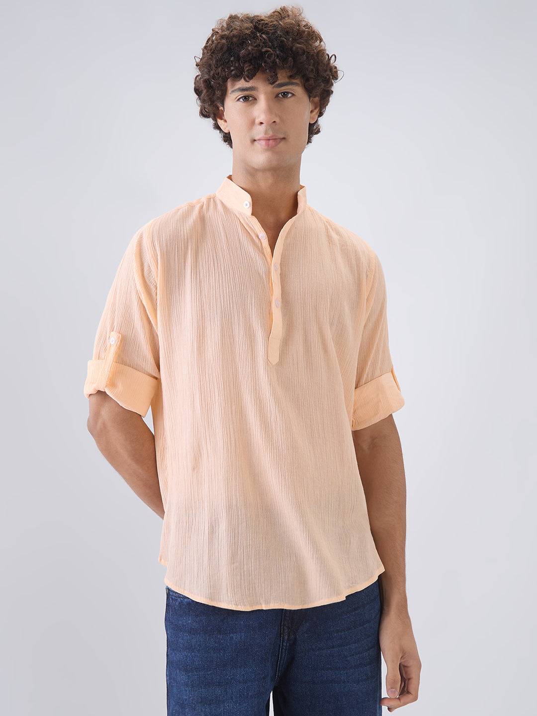 Nick&Jess Mens 100% Cotton crepe regular Fit hanley style roll up sleeves Kurta Shirt