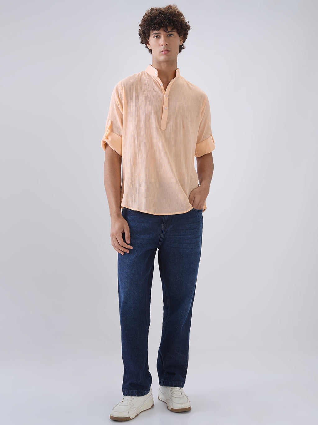 Nick&Jess Mens 100% Cotton crepe regular Fit hanley style roll up sleeves Kurta Shirt
