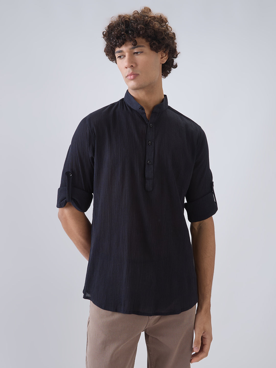 Nick&Jess Mens 100% Cotton crepe regular Fit hanley style roll up sleeves Kurta Shirt