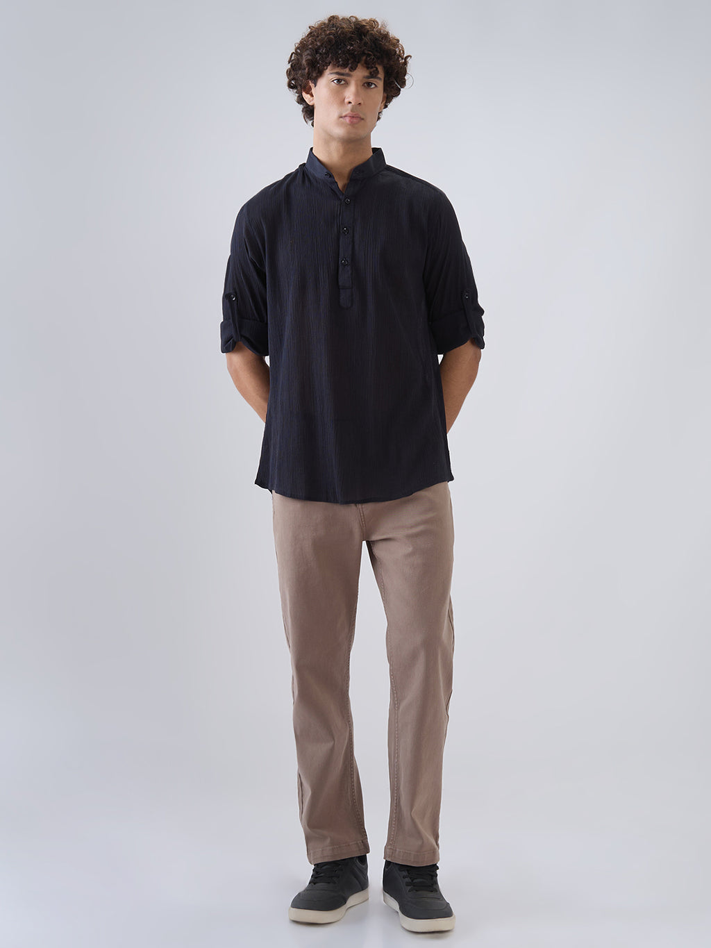 Nick&Jess Mens 100% Cotton crepe regular Fit hanley style roll up sleeves Kurta Shirt