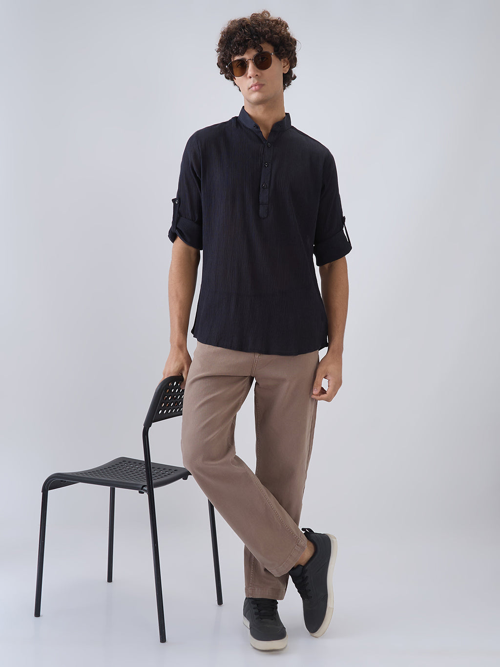 Nick&Jess Mens 100% Cotton crepe regular Fit hanley style roll up sleeves Kurta Shirt