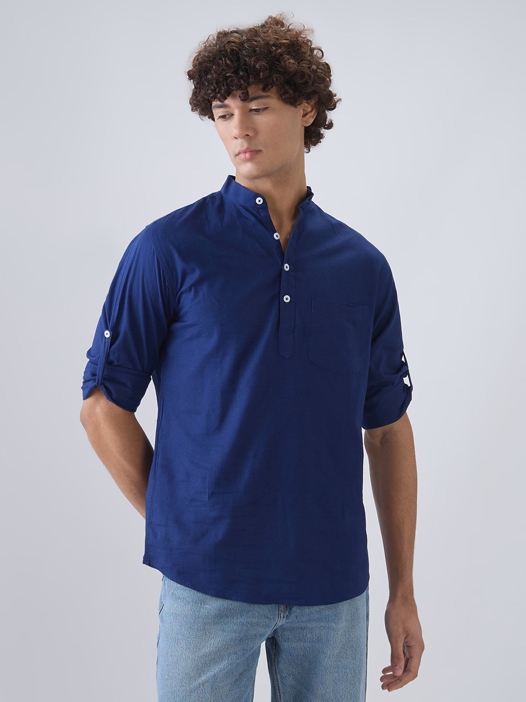 nick&jess Mens long Sleeve Linen Cotton Manderian Collar  Royal Blue hanley style roll up sleeves Kurta Shirt