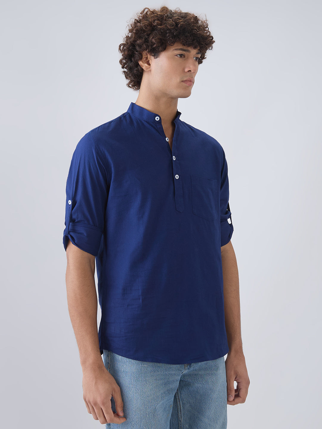 nick&jess Mens long Sleeve Linen Cotton Manderian Collar  Royal Blue hanley style roll up sleeves Kurta Shirt