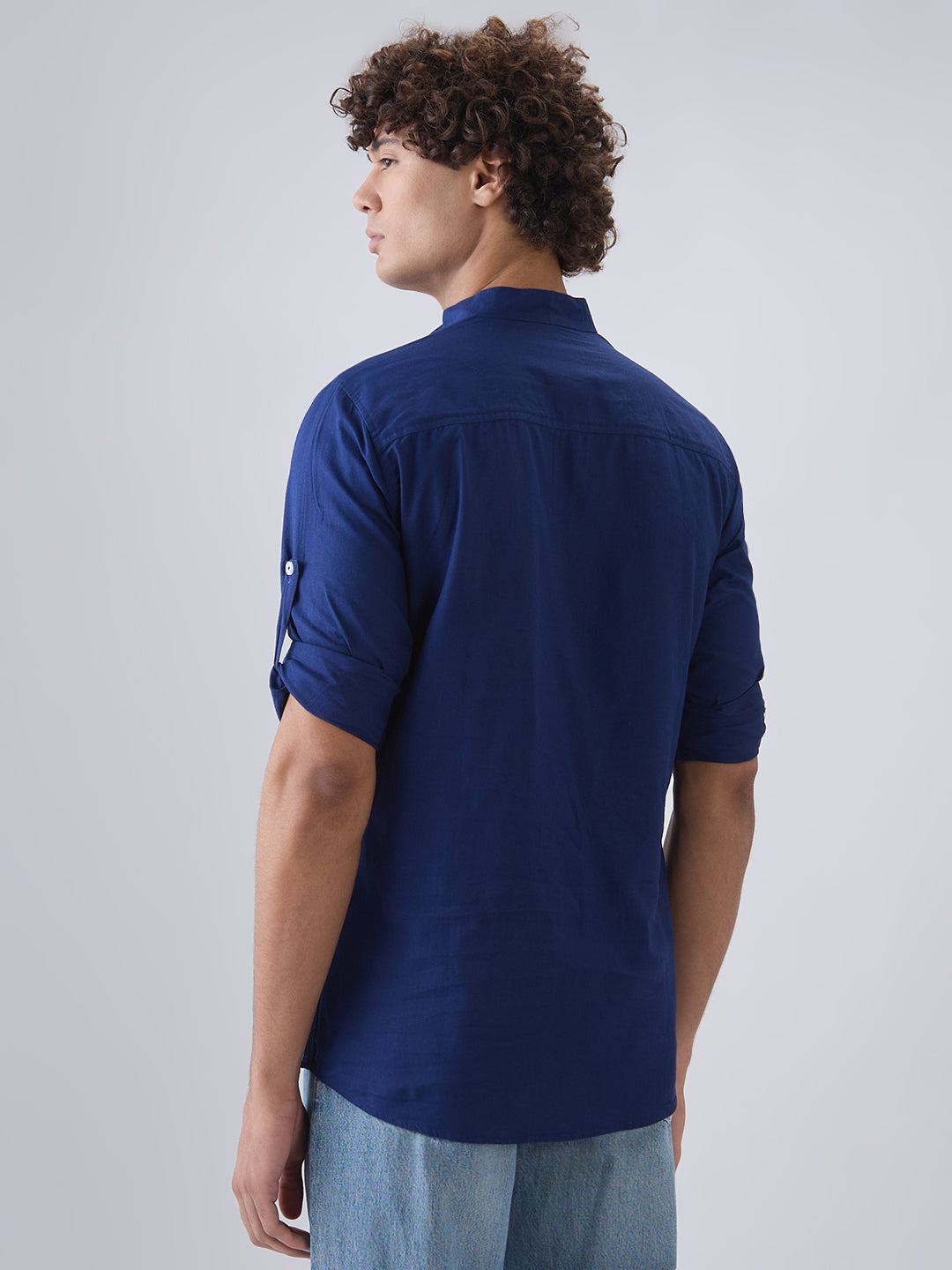 nick&jess Mens long Sleeve Linen Cotton Manderian Collar  Royal Blue hanley style roll up sleeves Kurta Shirt