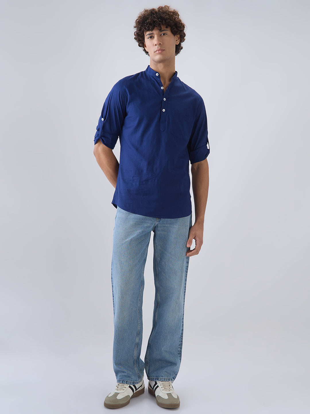 nick&jess Mens long Sleeve Linen Cotton Manderian Collar  Royal Blue hanley style roll up sleeves Kurta Shirt