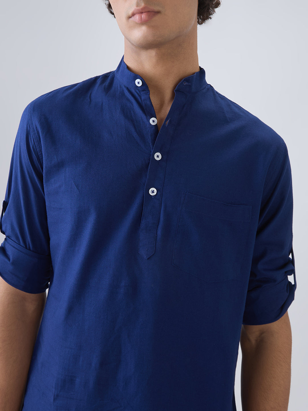 nick&jess Mens long Sleeve Linen Cotton Manderian Collar  Royal Blue hanley style roll up sleeves Kurta Shirt