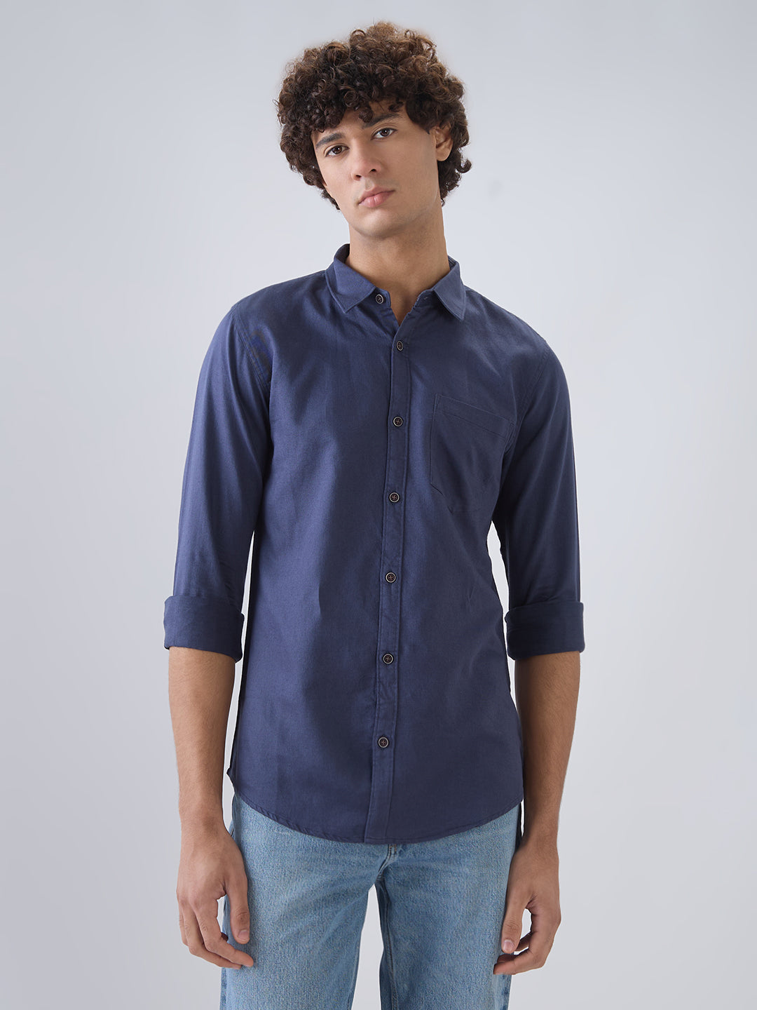nick&jess 100% Cotton Mens Linen Blend Solid Navy Blue Color Slim Fit Long Sleeves Shirt